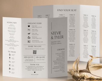 May include: A wedding seating chart with a gray and white color scheme. The chart is titled "Find Your Seat" and lists tables with guest names. The chart is decorated with a floral design.