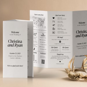 May include: A wedding invitation with a black and white design. The invitation includes the names Christina and Ryan, the date October 25, 2025, and the location Church of the Wayfarer, Carmel, California. The invitation also includes a map of the United States with hearts marking the locations of guests coming from Italy, France, and Slovenia. The invitation also includes a timeline of the couple's relationship, including their first meeting, first date, first trip, proposal, honeymoon, and wedding date.