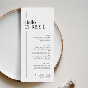Modello di menu di nozze con nomi degli invitati, menu di nozze con nome, menu di nozze Hello, menu segnaposto, chic contemporaneo, menu segnaposto, SN250_M