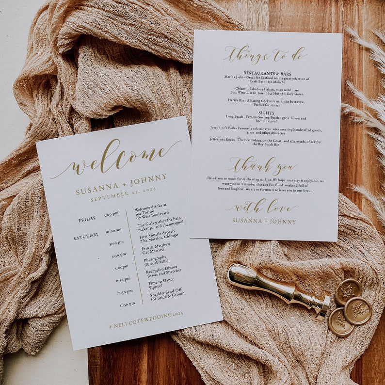 Gold Wedding Itinerary Template, Wedding Weekend Schedule and Order of Events, Editable Timeline Card for Guest Welcome Bags,SN029_ITG image 1