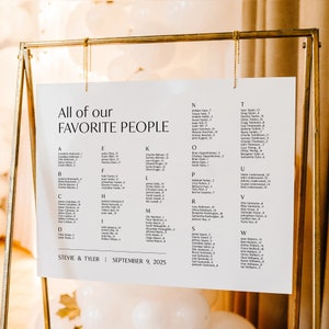 Könnte beinhalten: Ein weißes Schild mit schwarzem Text, das Namen in alphabetischer Reihenfolge auflistet. Das Schild trägt den Titel "All of our FAVORITE PEOPLE" und enthält das Datum "SEPTEMBER 9, 2025".