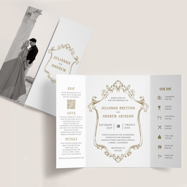 Gold Baroque Gatefold Wedding Invitation, Art Noveau Folded Invite, Photo QR Code Gatefold, Romantic Gatefold, Double Door Invite, SN1100_G