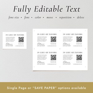 May include: Four white cards with black text and a QR code. The text on the cards reads "In Lieu of Favors" and includes the names "Killianna and Matthew". The cards are for a wedding or other special occasion.