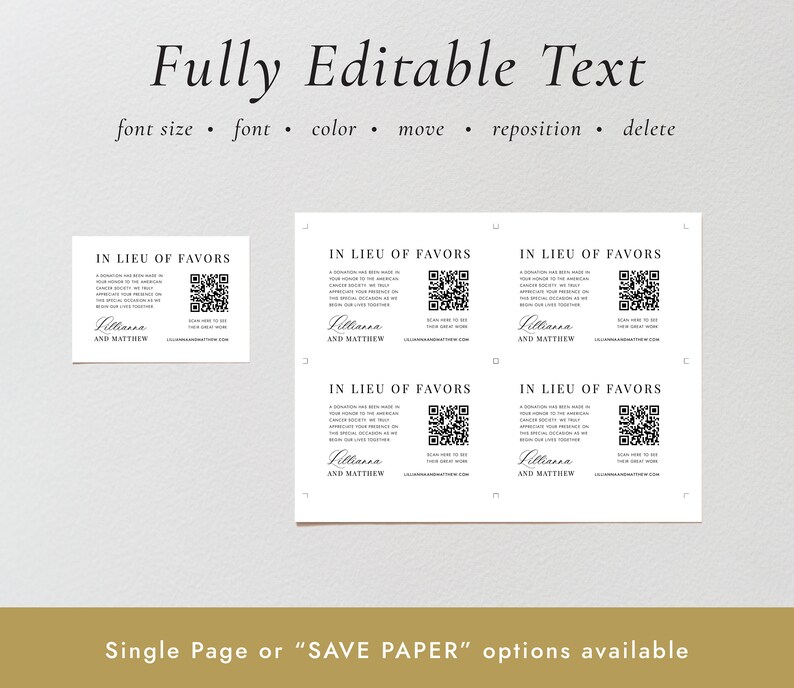 May include: Four white cards with black text and a QR code. The text on the cards reads "In Lieu of Favors" and includes the names "Killianna and Matthew". The cards are for a wedding or other special occasion.