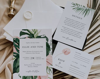 Tropical Wedding Invitation Suite, Monstera and Blush Invitation Suite, Jungle Wedding, Templett Invitation, RSVP, Details Card, SN090F_WIS