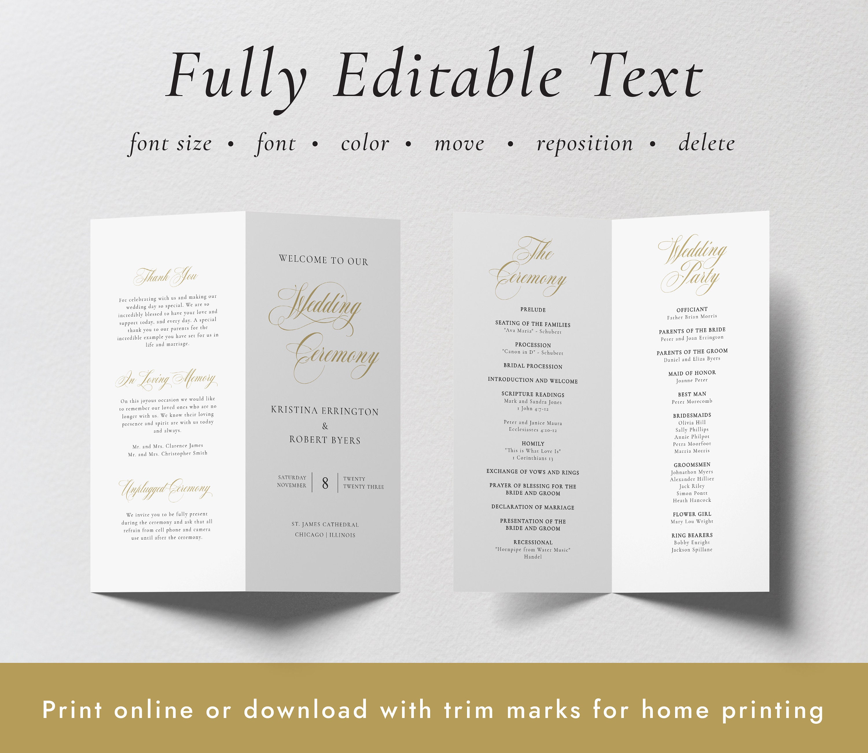 Gold Long Fold Wedding Program, Classic Calligraphy Bi-fold Template ...