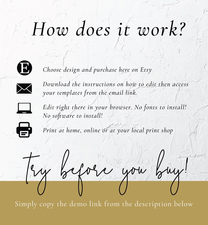 May include: How does it work? Choose design and purchase here on Etsy. Download the instructions on how to edit then access your templates from the email link. Edit right there in your browser. No fonts to install! No software to install! Print at home, online or at your local print shop. try before you buy! Simply copy the demo link from the description below.