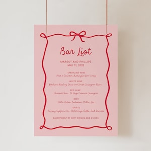 Bow Bar Menü Schild, rot rosa handgeschriebene Hochzeit Getränkeliste Beschilderung, gewelltes Band Kokette Bogen Borte, Retro Weinkarte, alle bearbeitbar, SN800_M