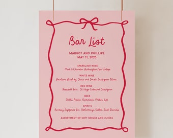 Bow Bar Menu Sign, Red Pink Handwritten Wedding Drinks List Signage, Wavy Ribbon Coquette Bow Border, Retro Wine List, all Editable, SN800_M