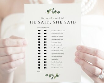 Eucalyptus He said She Said Game, Greenery Who said it Bridal Shower Game, Fun Icebreaker for Bridal Shower, Rustic Bridal Game -SN014F_BSG