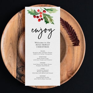 Christmas Menu Digital, Holly Watercolor Menu, Holiday Menu for table, Christmas Day Menu Card, Christmas Dinner Card Printable, SN012C_MC