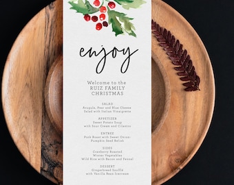 Christmas Menu Digital, Holly Watercolor Menu, Holiday Menu for table, Christmas Day Menu Card, Christmas Dinner Card Printable, SN012C_MC