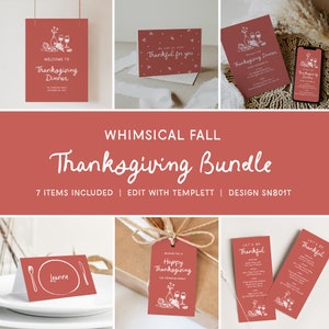 Thanksgiving Illustrated Stationery Bundle, Whimsical Fall Set - Menus, Place Cards, Welcome Sign, Gift Tags, Invites & more, SN801T_TB