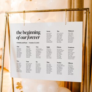 Könnte beinhalten: Ein weißer Sitzplan mit goldenem Rahmen, der die Namen der Gäste für einen Hochzeitsempfang auflistet. Der Plan ist mit "the beginning of our forever" und dem Datum "October 25, 2025" betitelt.