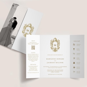 Gold Rococo Gatefold Wedding Invitation, Monogram Crest Folded Invite, Photo QR Code Gatefold, Romantic Double Door Invite, SN1050G_G