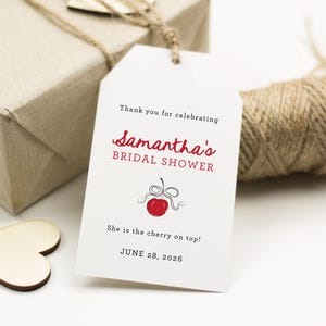 Étiquettes pour cadeaux de douche nuptiale Cherry Bow, Merci de l'avoir célébré, étiquettes volantes manuscrites rouge cerise, Bachelorette Merci, SN799_BGT