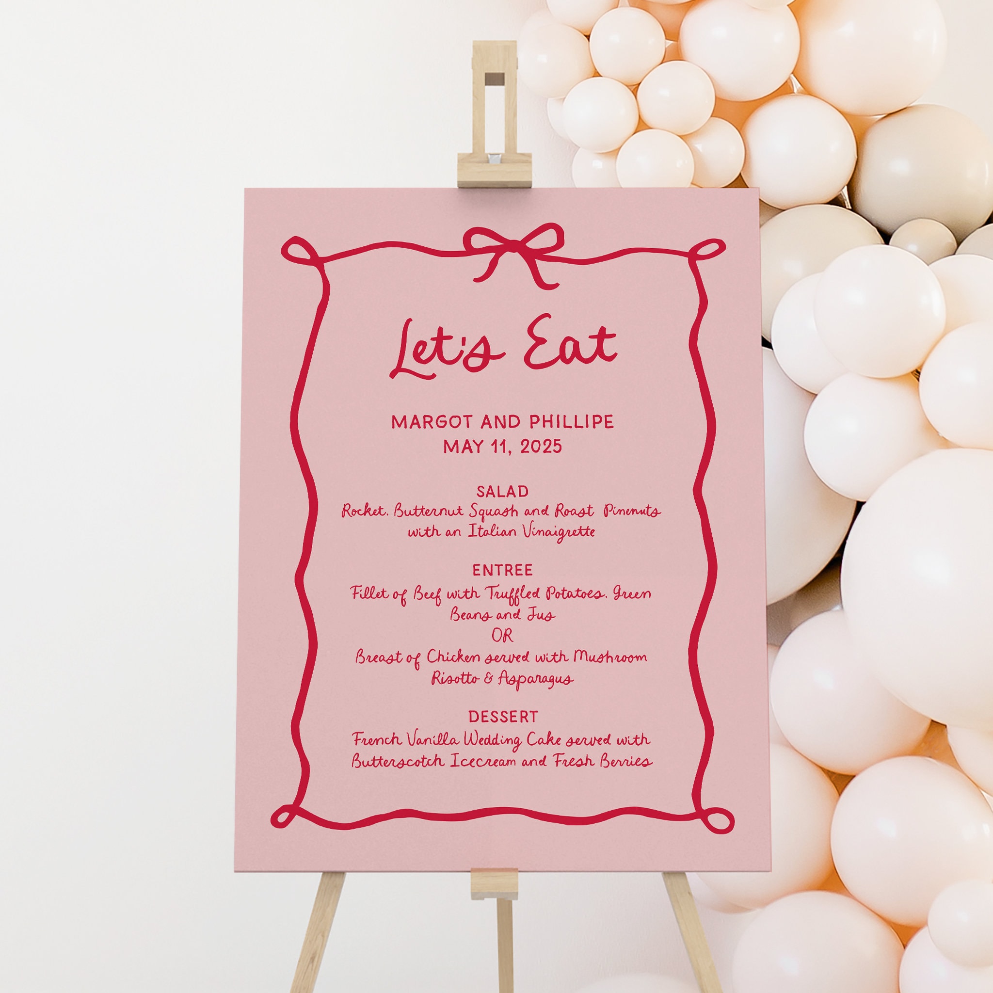 Bow Wedding Menu Sign, Red Pink Handwritten Wedding Signage, Wavy ...