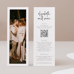 May include: Wedding invitation featuring a photograph of a couple embracing. The invitation includes the couple's names, "elizabeth and max", RSVP details, a QR code, and information about gifts and the reception.