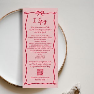 I Spy Whimsical Bow Wedding Hashtag Game, Party Game, Reception Guest Photo Hunt, Hand Written Games for the Table, Fun and Quirky, SN800_IS