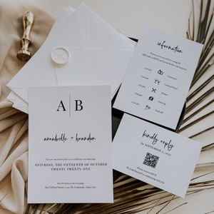 QR Code Modern Initials Wedding Invitation Suite, Digital Rsvp, Monogram Invitation with Icons, Invitation Set, Online RSVP, SN015M_WSQ