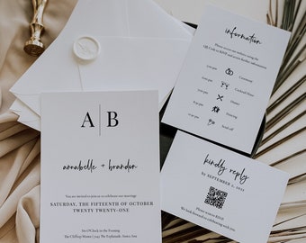 QR Code Modern Initials Wedding Invitation Suite, Digital Rsvp, Monogram Invitation with Icons, Invitation Set, Online RSVP, SN015M_WSQ