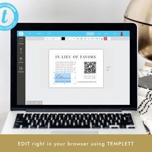 May include: A computer screen displaying a wedding favor template with a QR code. The template says "In Lieu of Favors" and includes the names "Allianna and Matthew".