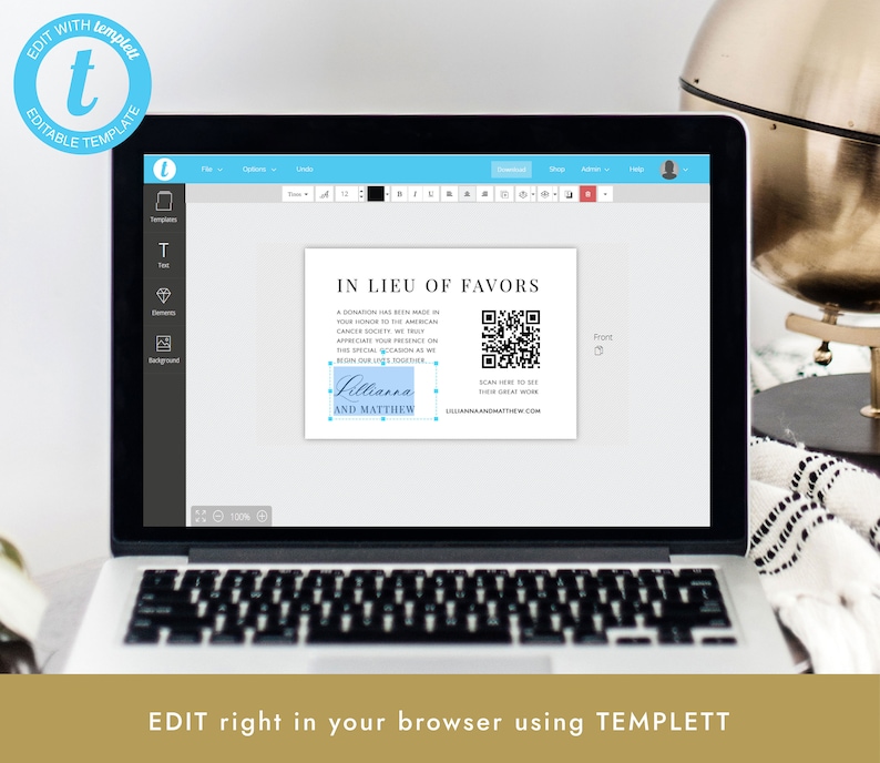 May include: A computer screen displaying a wedding favor template with a QR code. The template says "In Lieu of Favors" and includes the names "Allianna and Matthew".