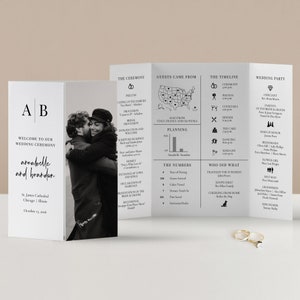 May include: A wedding invitation with a black and white photo of a couple embracing. The invitation includes the couple's names, "Annabelle and Brandon", the date of the wedding, "October 15, 2016", and the location, "St. James Cathedral, Chicago, Illinois". The invitation also includes a timeline of the wedding day, a list of guests, and a wedding party.
