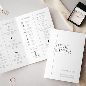May include: A wedding invitation with a black and white design. The invitation includes the names Stevie & Tyler, the date September 9, 2025, and the location Church of St. Thomas, Montecito, California.
