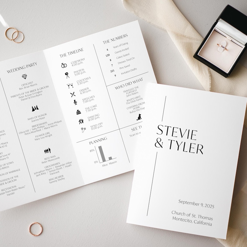 May include: A wedding invitation with a black and white design. The invitation includes the names Stevie & Tyler, the date September 9, 2025, and the location Church of St. Thomas, Montecito, California.