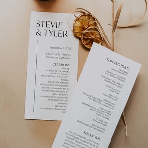 Modelo de programa de casamento, programa chique contemporâneo 4 x 9, programa de cerimônia frente e verso, ordem de serviço de casamento para impressão, SN250_P