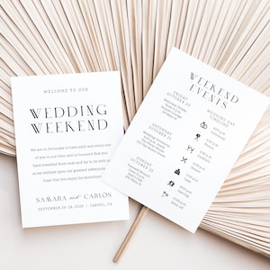 Tijdlijn bruiloftsweekend, romantisch minimalistisch trouwschema, chique en elegante volgorde van evenementen, welkomstkaart voor gasten, SN999_FP