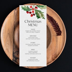 Chic Christmas Menu Template, Holly Watercolor Menu, Holiday Menu for table, Christmas Day Card, Christmas Dinner Card Printable, SN250C_MC