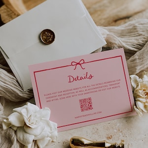 Carte à insérer avec code QR pour faire-part de mariage, ruban fantaisiste et nœud, rouge et rose, lien vers le site Web, SN800_I