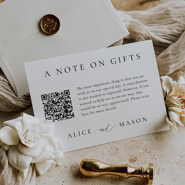 Classic Minimalist A Note on Gifts Insert, Honeymoon Fund with QR Code, QR Gifts Enclosure, Simple Elegant Cash Registry Insert, SN105_GQ