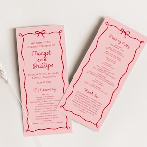 Whimsical Wedding Ceremony Program, Berry and Pink Handwritten Ceremony Template with a Wavy Ribbon Bow Border,  all color editable, SN800_P