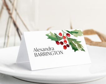 Christmas Place Cards, Watercolor Holly Name Cards, Festive Table Decor, SN250C_PC
