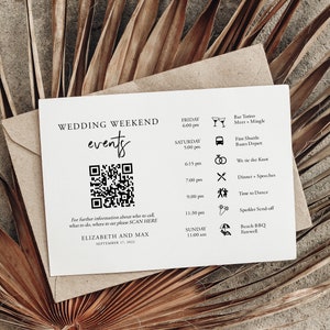 Modern Script QR Code Wedding Weekend Events Insert Card, Wedding Timeline Icons, Itinerary Enclosure, Minimalist Schedule Card, SN033_WEQ