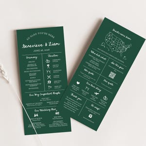 Könnte beinhalten: Zwei dunkelgrüne Hochzeits-Reisekarten mit weißem Text. Die Karten listen die Zeremoniedetails, den Zeitplan und die Informationen zur Hochzeitsgesellschaft auf. Eine Karte enthält eine Karte der USA mit Pins.