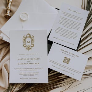 Gold Crest Wedding Invitation Suite, Rococo Monogram Invite, Details and QR Code RSVP, Ornate Vintage Gold Invite Set, Baroque, SN1050G_S