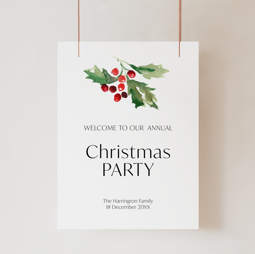Christmas Party Welcome Sign, Watercolor Holly and Berries Holiday ...