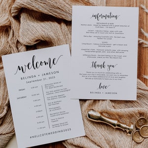 Itinéraire de week-end de mariage pour sac de bienvenue, carte d'information personnalisable sur le mariage à destination pour les invités, horaire modifiable à imprimer, SN022_I