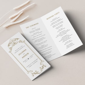 Programa de bodas barrocas, plantilla de pliegue largo dibujada a mano en oro vintage para el programa de ceremonias, horario de iglesia de bricolaje doblado Art Noveau, SN1100_FP