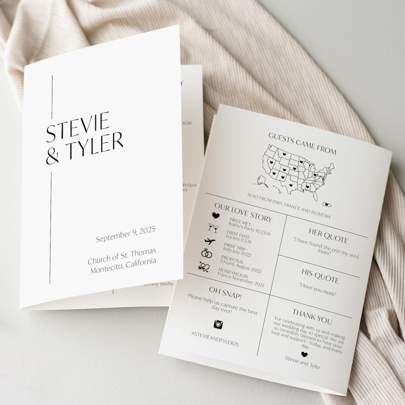 May include: A wedding invitation with a black and white design. The invitation features the couple's names, Stevie and Tyler, the date of the wedding, September 9, 2025, and the location, Church of St. Thomas, Montecito, California. The invitation also includes a map of the United States with hearts marking the locations of guests, a timeline of the couple's relationship, and a quote from each of them.