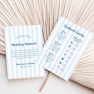 Cronograma de fin de semana de bodas, calendario de bodas con rayas elegantes, plantilla imprimible de orden de eventos con marco de boda costero azul y blanco, SN1200_FP