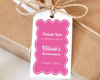 Wavy Quinceanera Favor Gift Tags, Hot Pink Modern Mis Quince 15 Anos Thank You Template with a Wavy Border, Bold and Fun Fiesta, SN950_QGT