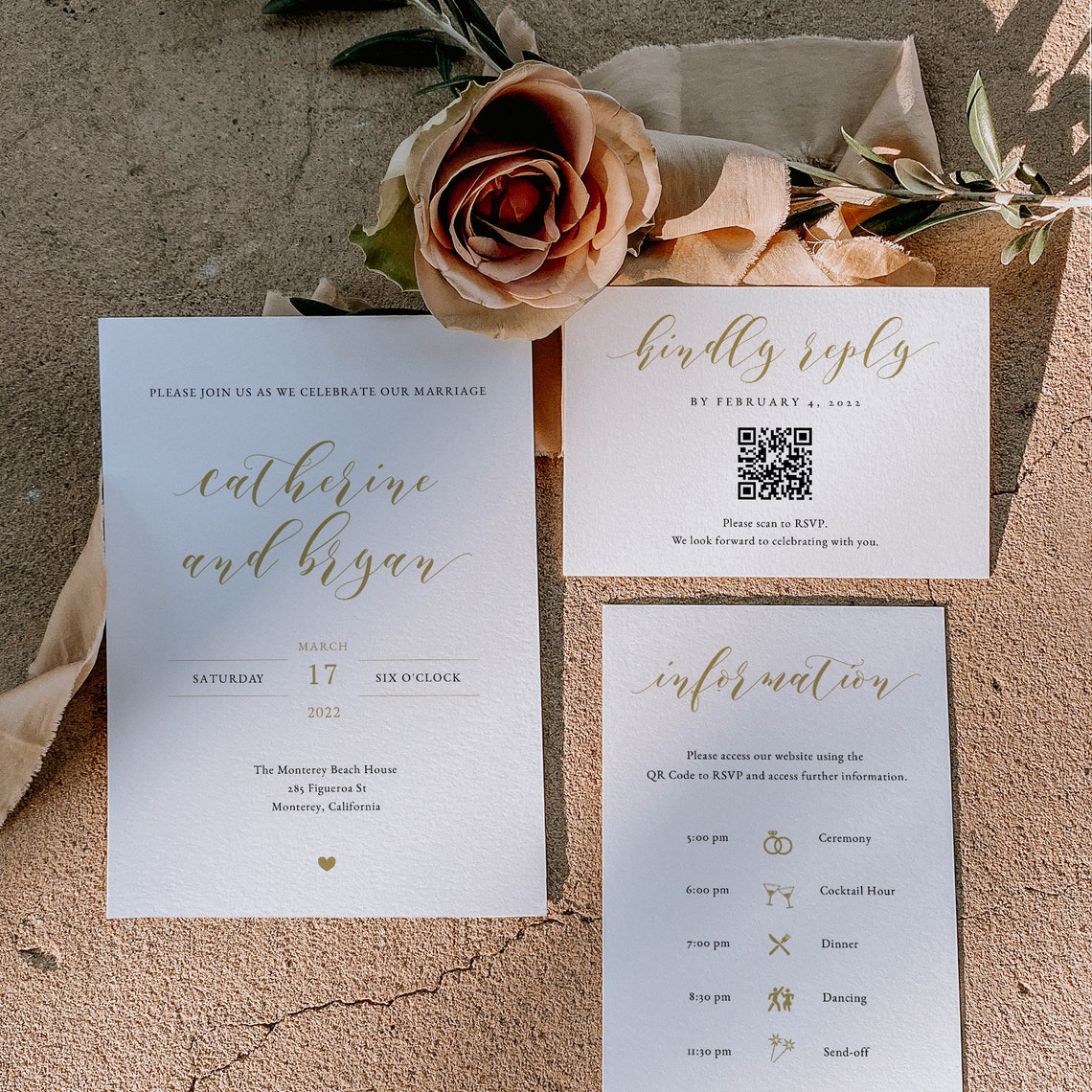 Gold Calligraphy QR Code Wedding Invitation Suite Digital Etsy