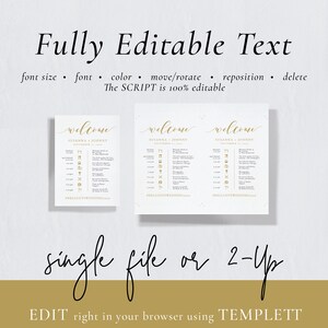 May include: A digital template for a wedding welcome sign with the text "welcome" in a gold cursive font. The sign includes the names "Susanna + Johnny" and the date "September 1st, 2023". The sign is editable using Templett.