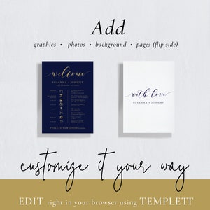May include: Two wedding invitation templates. The first template is navy blue with gold icons and text that says "welcome" and "SUSANNA + JOHNNY" and "SEPTEMBER 1st, 2010". The second template is white with navy blue text that says "with love" and "SUSANNA + JOHNNY".