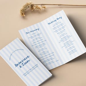 Gestreiftes Hochzeitsprogramm, handgeschriebene lange Faltvorlage für das Zeremonienprogramm, Küsten-Blues, SN1200_FP